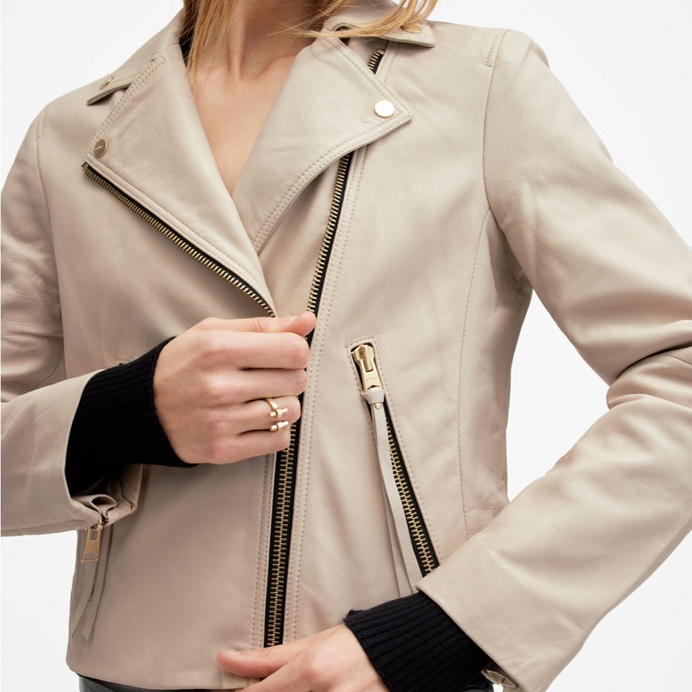 AllSaints Dalby Slim Fit Leather Biker Jacket in Ivory White US 6